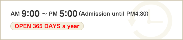 午前 9：00 ～ 午後 5：00（入場は4時30分まで）（年中無休）